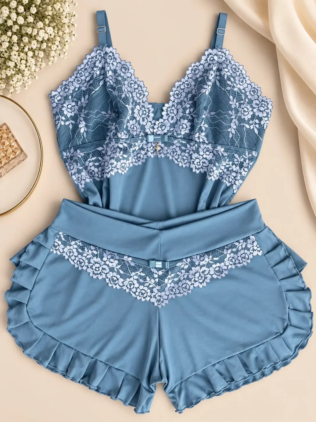Baby Doll Babadinho Diamante — Azul com Renda Branca