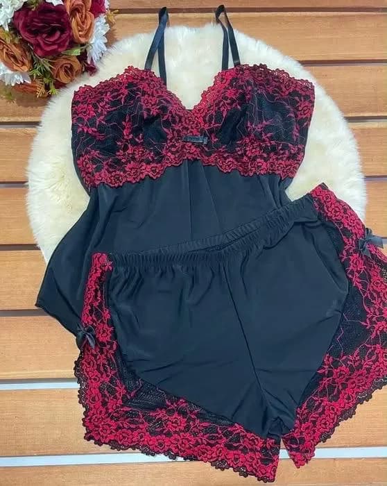 Baby Doll Magna — Preto com Renda Vermelha