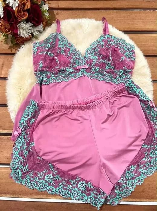 Baby Doll Magna — Rosa com Renda Verde