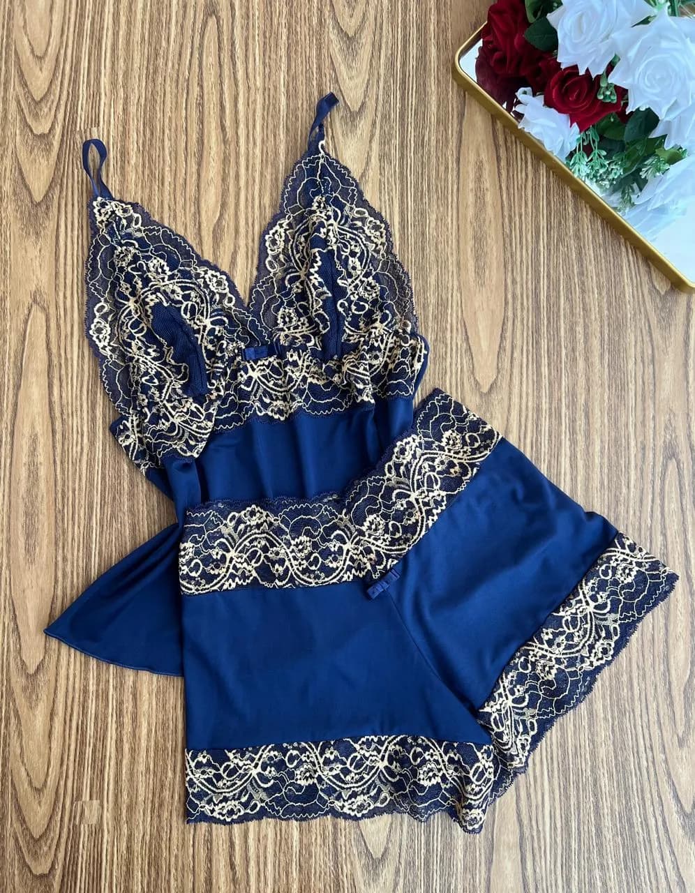Baby Doll Short Curto — Marinho com Renda Dourada