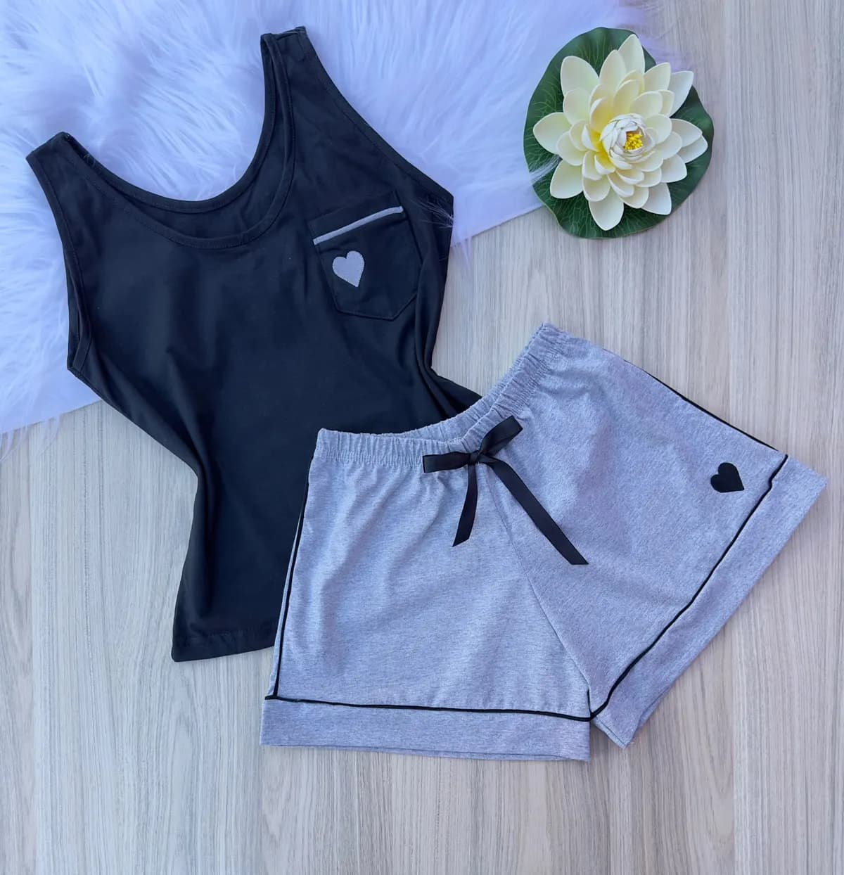 Pijama Algodão Regata — Preto com Cinza