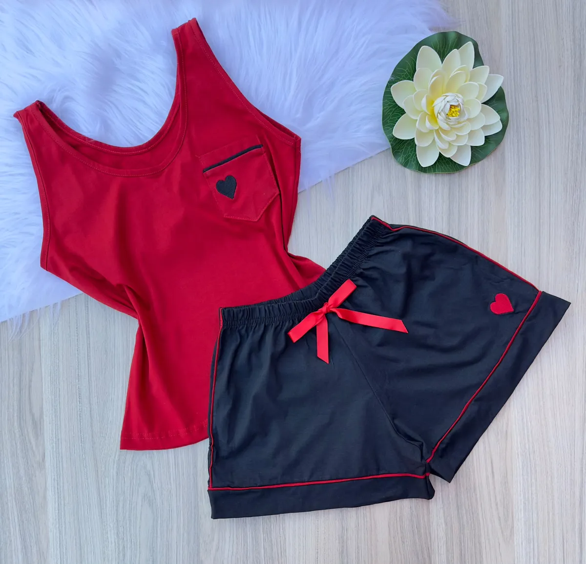 Pijama Algodão Regata — Vermelho com Preto