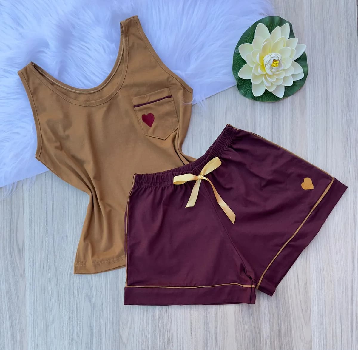 Pijama Algodão Regata — Caramelo com Vinho
