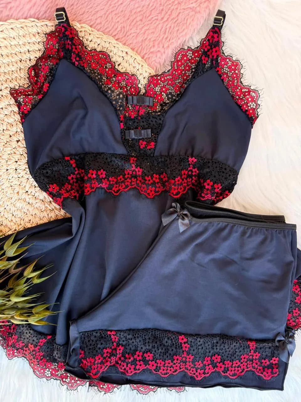 Baby Doll Diamante Borboleta — Marinho com Renda Vermelha