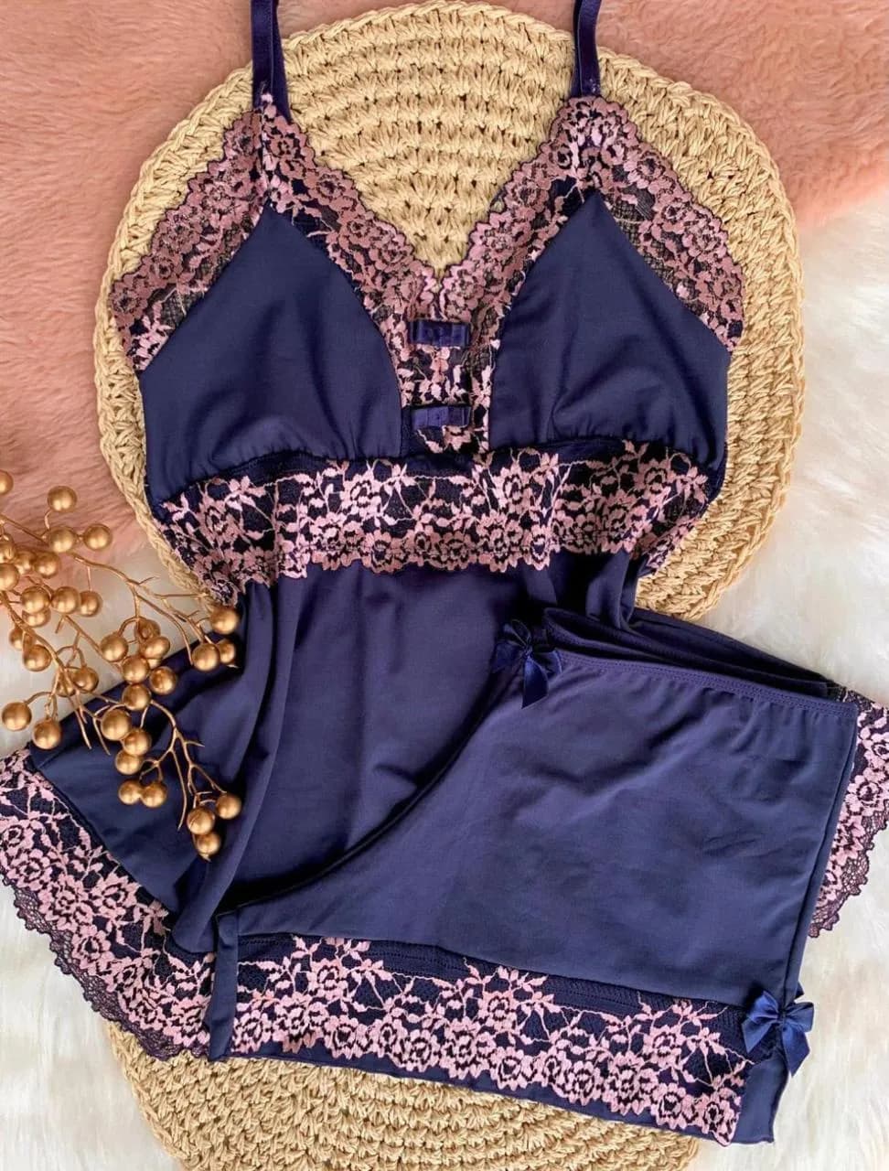 Baby Doll Diamante Borboleta — Marinho com Renda Rosa