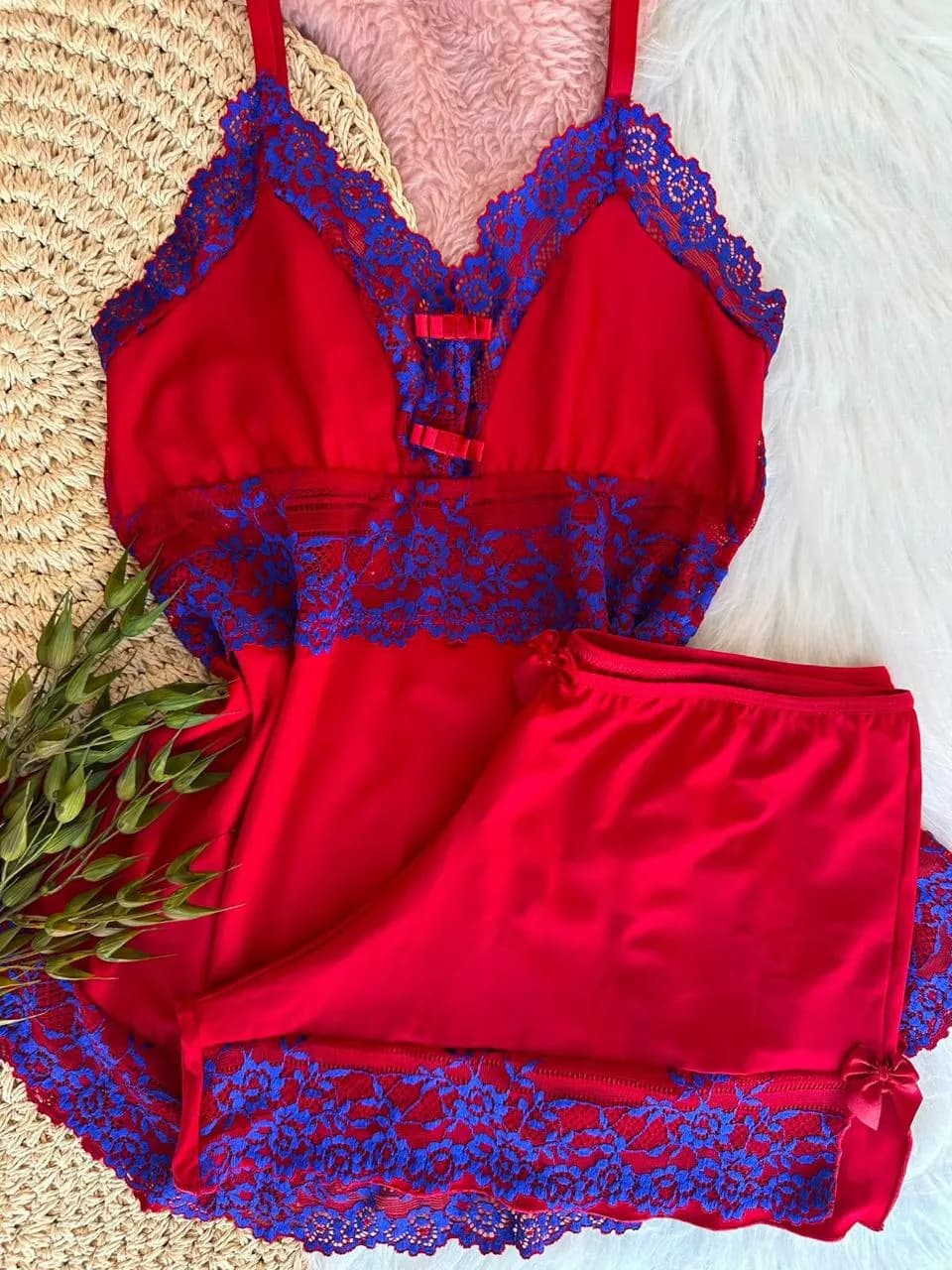 Baby Doll Diamante Borboleta — Vermelho com Renda Azul